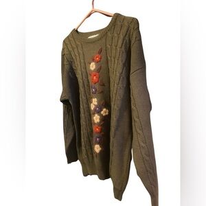 Elegant Olive Cable Knit Sweater with Floral Design